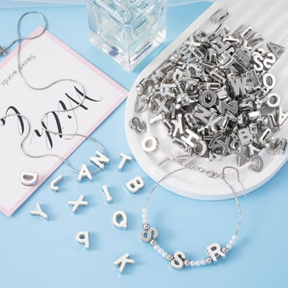100 Pcs Silver Alphabet Letter Beads, Bulk Resin Pendants | 3D Loose Letter Beads, Plastic Initial Charms for Jewelry Making, Key Chains, Crafts - color: Silver