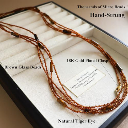 Long Necklaces for Women Pearl Tiger Eye Natural Stone Beads Necklace Boho Fashion Accessories Layered Beaded Chains with Pendant 35” to 100”