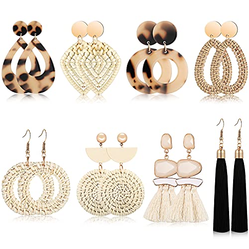 Hicarer 8 Pairs Rattan Earrings for Women Girls Lightweight Summer Acrylic Geometric Statement Woven Earrings Handmade Straw Wicker Braid Teardrop Hoop Drop Dangle Earring(Simple Style)