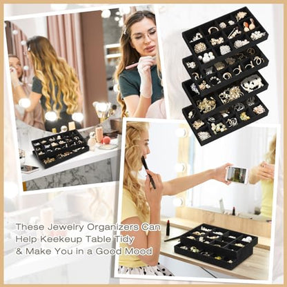 12 Pcs Jewelry Tray Velvet Stackable Jewelry Organizer Trays Divided Earring Accessories Storage Containers Box (Rose Red) - color: Black