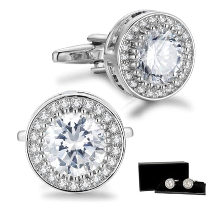 Crystal Cufflinks for Men CZ Cuff Links Sparkle Diamond Gold Ornate Cufflinks for Wedding Groom Best Man - style: Silver