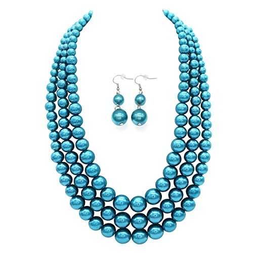 Chunky Layered Imitation Pearl Necklace for Women 3 strand Pearl Necklaces Faux Pearl Necklace Earrings Set 1920s Flapper Gatsby Costume Accessories - color: 3 strand pearl necklace dark blue