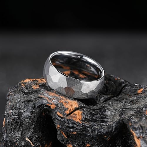 King Will Men's Tungsten Carbide Wedding Ring Hammered Groove Wedding Band Mens Two Tone Engagement Ring for Men and Women Matte Brushed Finish Comfort Fit - color: Silver 8mm