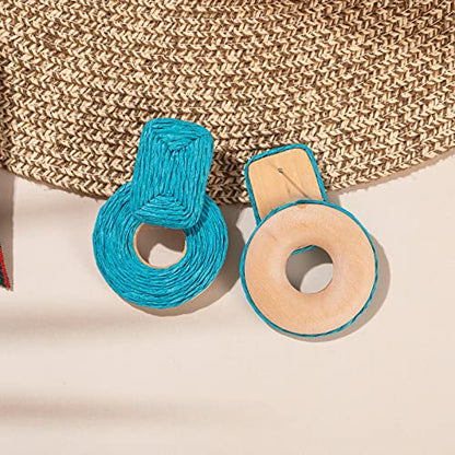 Statement Raffia Earrings Cute Boho Earrings Rattan Dangle Earrings Handmade Straw Wrap Earrings Summer Drop Dangling Earrings for Women Teen Girls - color: Blue