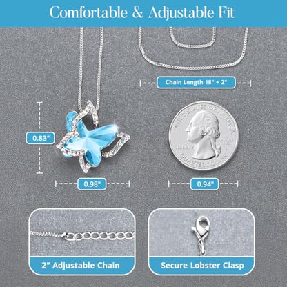 Butterfly Necklace, Birthstone Crystal, for Women, Silver Tone Pendant Jewelry, Anniversary Birthday Gift for Her, Wife & Mom, 18"+2" - color: 12a-December Birthstone - Aquamarine Blue Crystal