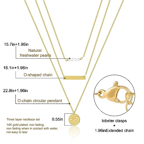 ASCOMY Layered Necklaces for Women Dainty Gold Necklace 14K Gold Plated Herringbone Necklace for Women Pearl Cross Necklace Paperclip Cuban Figaro Rope Satellite Chain Gold Choker Trendy Jewelry Gift - style: 3Layered Bar Pearl Hammered-GD