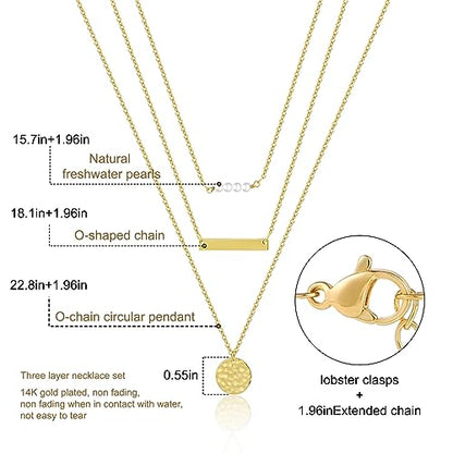 ASCOMY Layered Necklaces for Women Dainty Gold Necklace 14K Gold Plated Herringbone Necklace for Women Pearl Cross Necklace Paperclip Cuban Figaro Rope Satellite Chain Gold Choker Trendy Jewelry Gift - style: 3Layered Bar Pearl Hammered-GD
