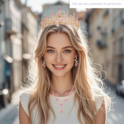 Kamirola Tiaras and Crowns for Women,Tiaras Earrings Necklace, Crystal Bridal Jewelry Set (TR48) - color: Gold Pink