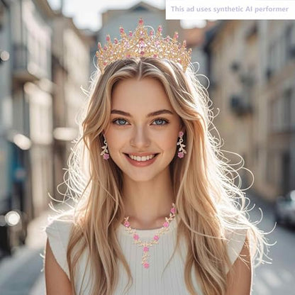 Kamirola Tiaras and Crowns for Women,Tiaras Earrings Necklace, Crystal Bridal Jewelry Set (TR48) - color: Gold Pink