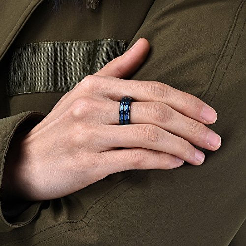King Will Men's Tungsten Carbide Wedding Ring Hammered Groove Wedding Band Mens Two Tone Engagement Ring for Men and Women Matte Brushed Finish Comfort Fit - color: 8mm Blue & Black - Groove