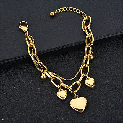 kelistom 316L Stainless Steel Love Heart Charm Bracelet for Women Romantic Gift Silver/Rose/18k Gold Plated OT Clasp Bracelets - color: 3-heart gold