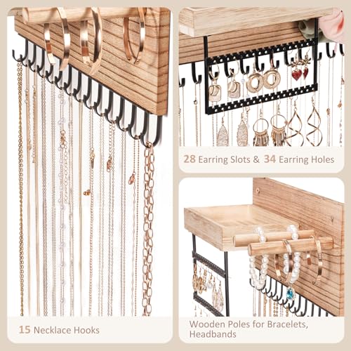 Lolalet Wall Mounted Hanging Jewelry Organizer, 15 Hooks Wooden Necklaces Holder with Storage Shelf, Easy Install Earrings Bracelets Hanger -Light Brown - color: Light Brown