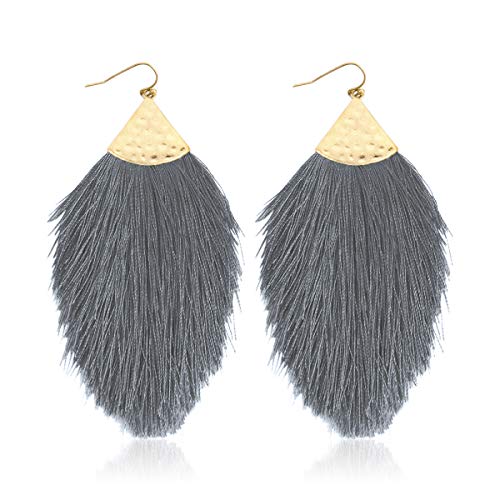 Bohemian Silky Thread Fan Fringe Tassel Statement Earrings - Lightweight Strand Feather Shape Dangles - color: Feather Fringe - Gray