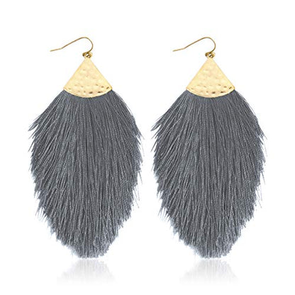 Bohemian Silky Thread Fan Fringe Tassel Statement Earrings - Lightweight Strand Feather Shape Dangles - color: Feather Fringe - Gray