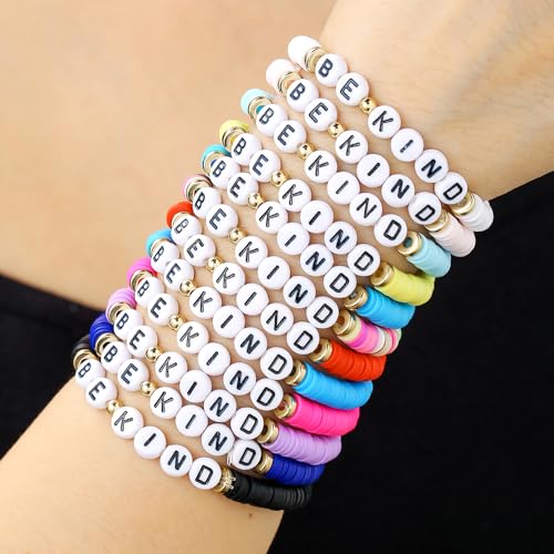 Heishi Surfer Clay Bead Bracelets Set for Women - Preppy Smile Evil Eye Beaded Stretch Bracelets Elastic Layering Friendship Bracelets- Stackable Boho Disc Summer Jewelry Set - color: 12PC-BE KIND