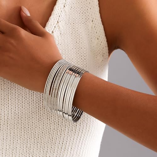 Gold Bangles for Women, 12 Pcs Boho Stackable Bracelets Multi Layer Textured Chunky Bracelets Jewelry Set for Women - color: Style B- 17 pcs silver