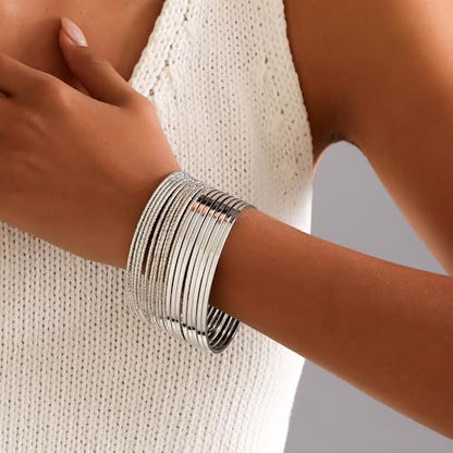 Gold Bangles for Women, 12 Pcs Boho Stackable Bracelets Multi Layer Textured Chunky Bracelets Jewelry Set for Women - color: Style B- 17 pcs silver