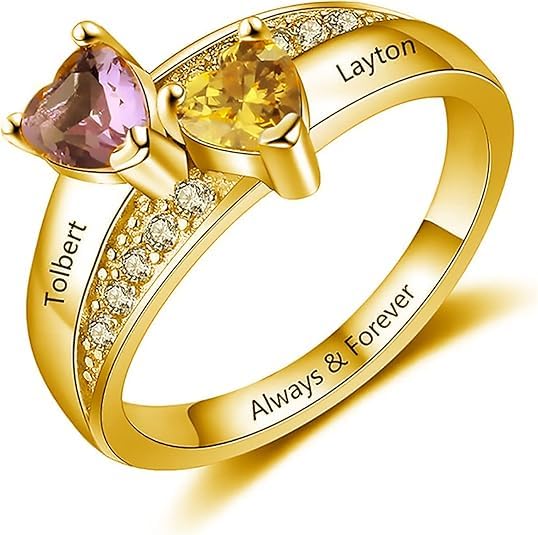 Custom Multi-Stone Family Ring 925 Sterling Silver/10K/14K/18K Gold Colored Personalized (2-8 stones) Birthstone Engraved Ring for Women Mom Wife Jewelry Gifts - style: Two Stone