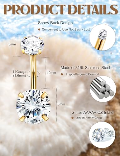 FIBO STEEL 14G Belly Button Rings Dangle 316L Stainless Steel Belly Rings for Women Navel Piercing Jewelry 12 Pcs - color: 14K Gold Plated