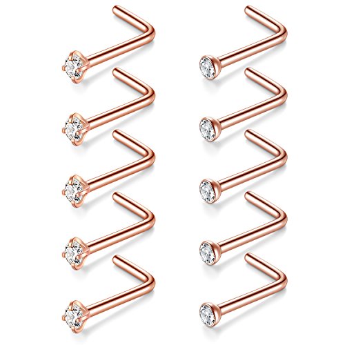 Briana Williams Nose Studs Nose Rings for Women 18G 20G Corkscrew Nose Ring Stainless Steel Nose Screw Studs Nose Rings Studs Surgical Steel Nostril Nose Piercing Jewelry - color: B -10pcs, rose gold