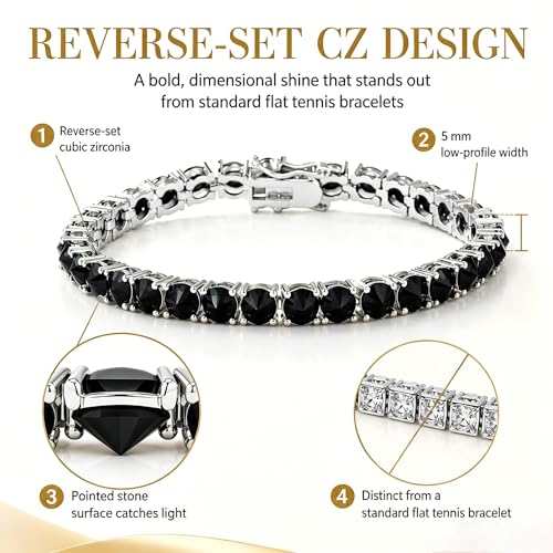TOPGRILLZ Tennis Bracelets for Women Men, 1 Row 5 mm Cubic Zirconia Bracelet, Iced out Reverse-Set Stone, Box Clasp Anniversary Fashion Jewelry 7-8 Inches - color: Silver Black