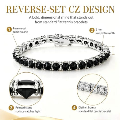 TOPGRILLZ Tennis Bracelets for Women Men, 1 Row 5 mm Cubic Zirconia Bracelet, Iced out Reverse-Set Stone, Box Clasp Anniversary Fashion Jewelry 7-8 Inches - color: Silver Black