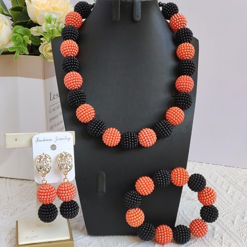 Nigerian Wedding African Beads Jewelry Set Women Simulated Pearl Necklace and Earrings - color: Black Orange