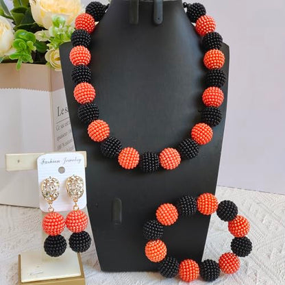 Nigerian Wedding African Beads Jewelry Set Women Simulated Pearl Necklace and Earrings - color: Black Orange