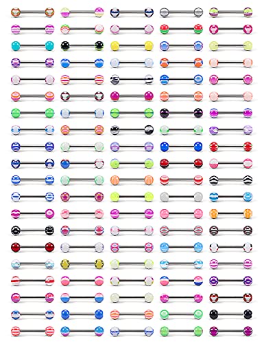 100pcs 14g Tongue Rings Nipple Rings for Women Men Surgical Stainless Steel Tongue/Nipple Piercing Jewelry Plastic Metal Tongue Ring 16MM Acrylic Straight Barbells Body Piercing Jewelry - color: A-100PCS Metal Tongue/Nipple Rings 14mm
