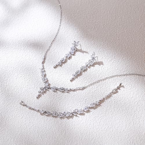 Crysdue Wedding Jewelry Set for Brides Bridesmaid, Cubic Zirconia Teardrop Marquise Leaf Cluster Pendant Necklace Bridal Tennis Bracelet Drop Earrings for Women Party Prom - style: C- Marquise CZ-silver