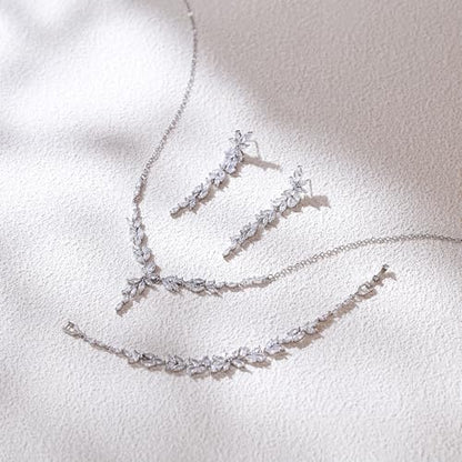 Crysdue Wedding Jewelry Set for Brides Bridesmaid, Cubic Zirconia Teardrop Marquise Leaf Cluster Pendant Necklace Bridal Tennis Bracelet Drop Earrings for Women Party Prom - style: C- Marquise CZ-silver