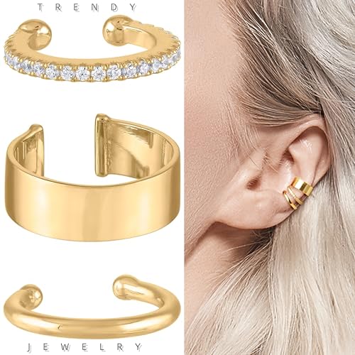 Gold Ear Cuffs Earrings for Women Non Piercing Clip on Cartilage Earrings | Trendy Gold Ear Cuff,Cartilage Clip on Earrings,Thin Huggie Hoop CZ Earring Set ,Fashion Jewelry,Non Tarnish,Gift - style: 3pc chunky cz-gd