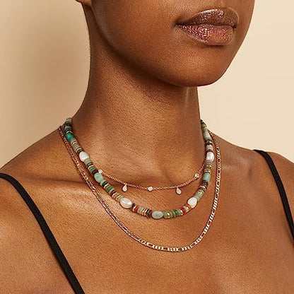 KissYan Beaded Gemstone Necklaces for Women | Colorful Bead Natural Stone Choker with 14K Gold Plated Spring Ring Clasp, Handmade Knot Jewelry for Summer Beach - color: D-Green Aventurine