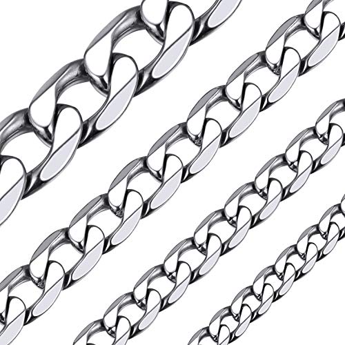 ChainsHouse Stainless Steel Cuban Link Chain Necklace for Mens Jewelry | 4mm/6mm/9mm/13mm Width Flat Cuban Chain, Black/14K Gold Plated Hip Hop Jewelry Mens Necklace 14"-30" Length with Gift Box - color: Silver