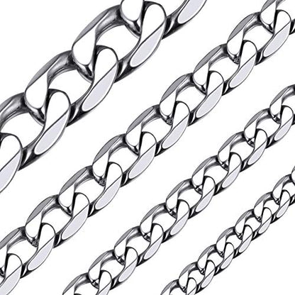 ChainsHouse Stainless Steel Cuban Link Chain Necklace for Mens Jewelry | 4mm/6mm/9mm/13mm Width Flat Cuban Chain, Black/14K Gold Plated Hip Hop Jewelry Mens Necklace 14"-30" Length with Gift Box - color: Silver
