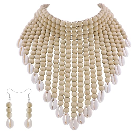 Coiris Boho African Wooden or Acrylic Beaded Bib Statement Necklace Strands Layered Cluster Chunky Collar Choker Wood Necklace for Women Fashion Costume Jewelry - color: N0065-Off White+Shell