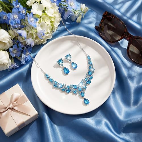 Hicarer Bridal Teardrop Cluster Crystal Jewelry Set for Women Necklace Earrings Wedding - color: Sky Blue