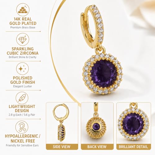 14K Gold Plated Hoop Dangle Earrings for Women, Hypoallergenic Colorful Cubic Zirconia Drop Earrings, Lightweight Huggie Earrings for Women - color: Gold/Amethyst Purple