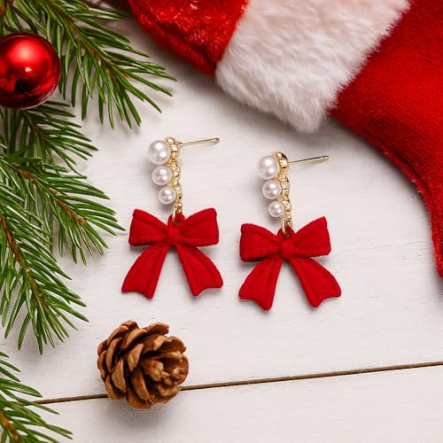 Gold Bow Earrings for Women, Long Tassel Chain Drop Earrings, Trendy Small Bow Earrings, Ribbon Waterfall Dangling Earrings, Pearl Bow Earrings, Sparkly Elegant Bowknot Preppy Jewelry Gifts for Women - color: S-Christmas1