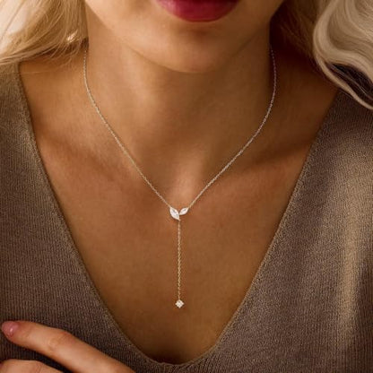 Gold Necklace for Women - Dainty Long Lariat Necklace 14K Gold Plated Clover Star Teardrop CZ Y Shaped Drop Necklaces Cute Long Necklaces for Women Trendy Prom Formal Womens Jewelry - color: Silver PJ Drop