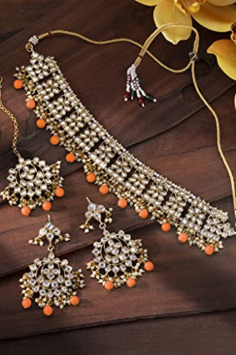 Aheli Elegant Indian Faux Kundan Studded Choker Necklace with Maang Tikka Set Ethnic Wedding Wear Bharatanatyam jewellery set Gift for Women - color: Orange