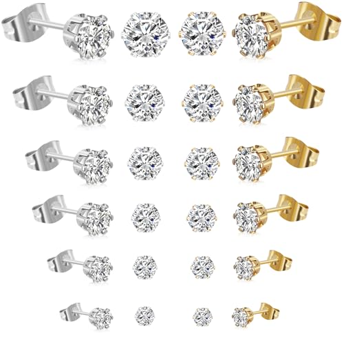 6 Pairs Stud Earrings for Women Men, Silver Gold Stainless Steel Studs Set | 3 4 5 6 7 8mm, Cubic Zirconia, 14K Gold Plated, Hypoallergenic, Flat Back Earrings for Sensitive Ears, Jewelry Gift Idea - color: Silver/Gold