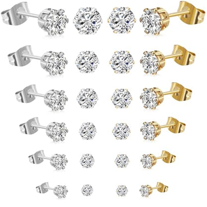 6 Pairs Stud Earrings for Women Men, Silver Gold Stainless Steel Studs Set | 3 4 5 6 7 8mm, Cubic Zirconia, 14K Gold Plated, Hypoallergenic, Flat Back Earrings for Sensitive Ears, Jewelry Gift Idea - color: Silver/Gold