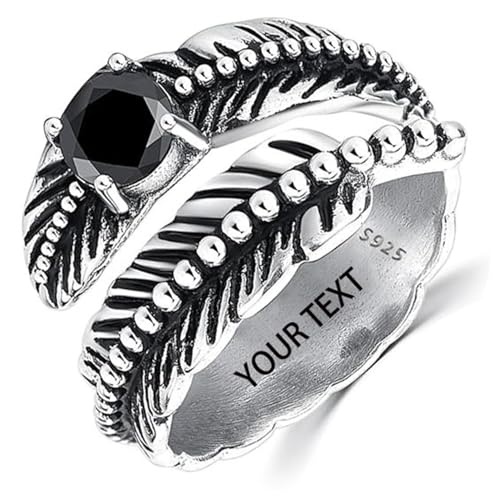 AVECON S925 Sterling Silver Turquoise/Labradorite/Just Breathe/Onyx Rings | Hypoallergenic Adjustable Open Feather Gift Women Men Thumb Spoon Statement Western Band Jewelry for Anniversary - color: Custom-Black Onyx