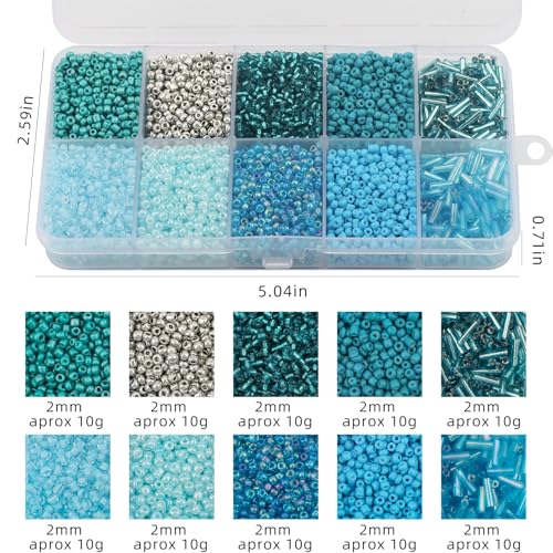 5000pcs Glass Seed Tube Bugle Beads for DIY Jewelry Making | 12/0 Waist Beads Kit, Lake Blue Embroidery Beads, 2mm Small Tiny Beads for Bracelets Necklaces Earrings, 10 Colors - color: Lake Blue