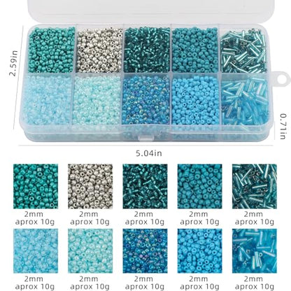 5000pcs Glass Seed Tube Bugle Beads for DIY Jewelry Making | 12/0 Waist Beads Kit, Lake Blue Embroidery Beads, 2mm Small Tiny Beads for Bracelets Necklaces Earrings, 10 Colors - color: Lake Blue