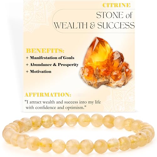 Bivei 6mm Beaded Bracelets for Women Handmade Semi Precious Natural Stone Stretch Elastic Jewelry Yoga Protection Gifts - color: Citrine - Wealth & Success, size: Large 8-8.27 inch