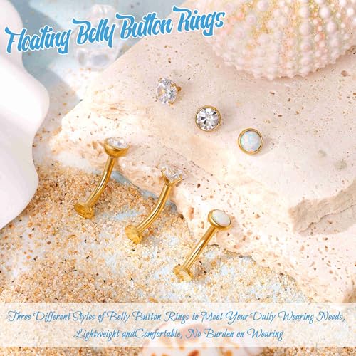 3PCS 14G Surgical Steel Floating Belly Button Ring for Women Petite Belly Rings CZ Opal Flat Back Small Navel Ring with 3PCS Replacement Balls Internally Threaded Tiny Belly Piercing 6-16MM - color: Gold, size: 12mm（Relatively Long)