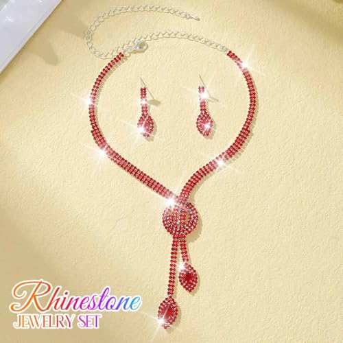 Unicra Silver Rhinestone Bridal Wedding Jewelry Set Crystal Necklace Earrings Sets Formal Prom Costume Jewelry Sets for Women and Brides - color: Red