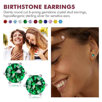 DAYBYDAY 925 Sterling Silver Birthstone Earrings for Women, Crystal Stud Earrings, 6.5mm Round Cut Solitaire Gemstone Earrings Birthday Jewelry - style: Round Cut-05. May/created emerald